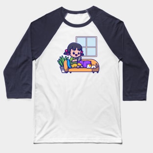 Cute Girl Operating Phone With Cat Cartoon Baseball T-Shirt